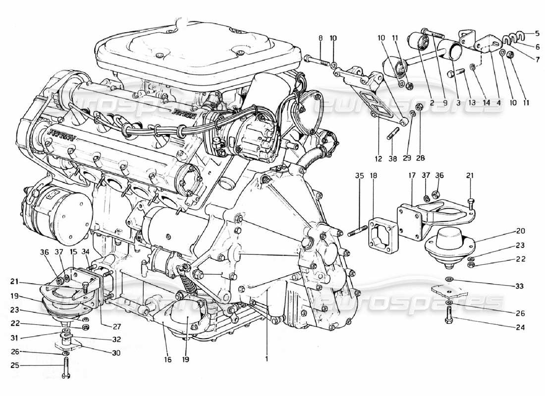 ferrari 308 gtb (1976) motore: diagramma delle parti del cambio e dei supporti