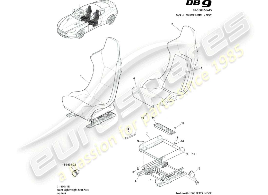 aston martin db9 (2014) diagramma delle parti dei sedili anteriori leggeri