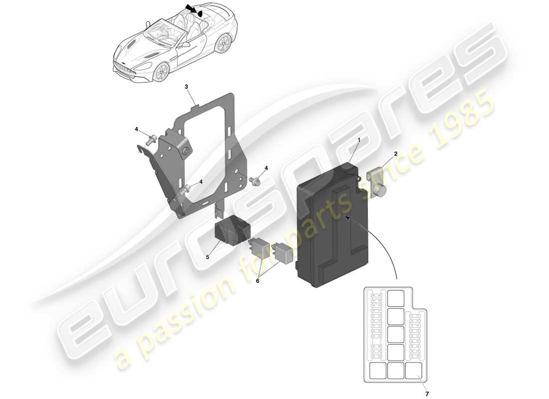 aston martin vanquish (2013) scatola fusibili del vano di carico diagramma delle parti
