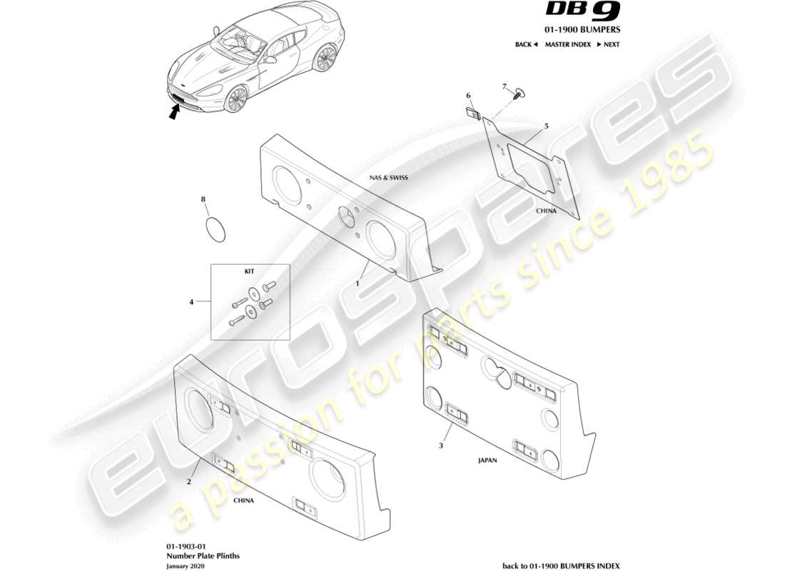 aston martin db9 (2014) diagramma delle parti dei plinti della targa