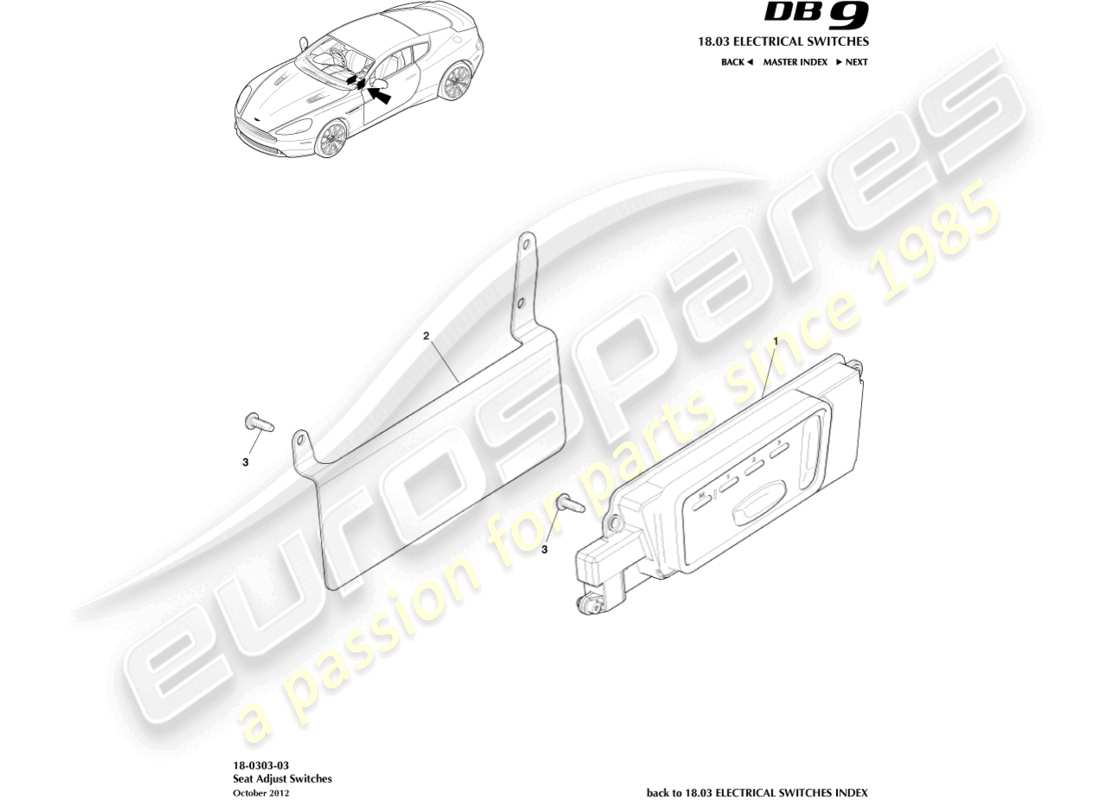 aston martin db9 (2014) diagramma delle parti degli interruttori di regolazione del sedile