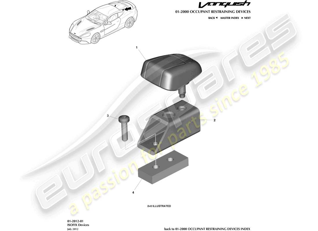 aston martin vanquish (2017) diagramma delle parti delle staffe di fissaggio isofix