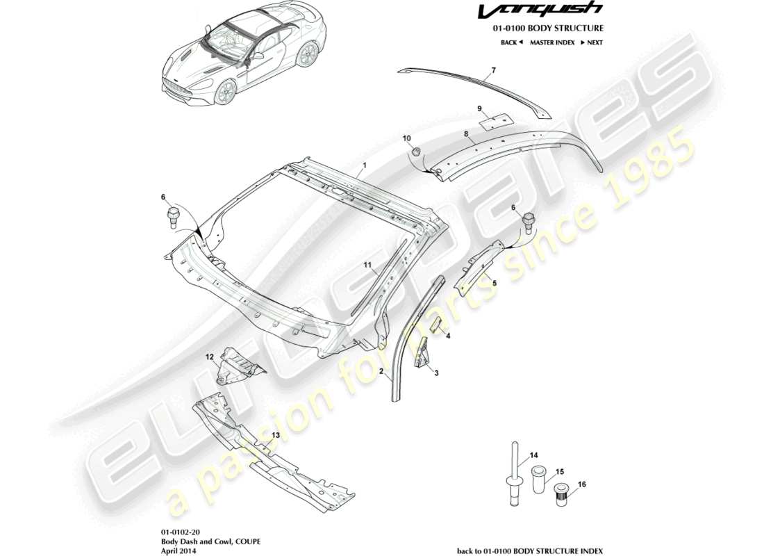 aston martin vanquish (2017) cruscotto e cappuccio della carrozzeria, diagramma delle parti della coupé