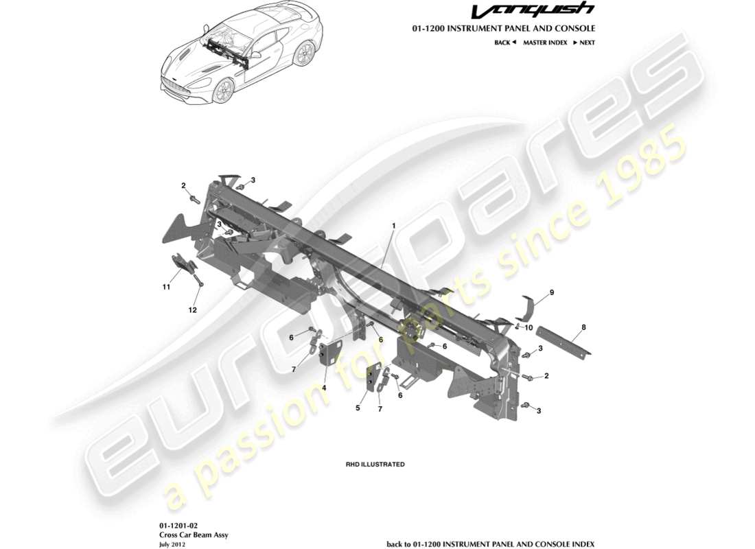 aston martin vanquish (2017) diagramma delle parti del fascio ip coss