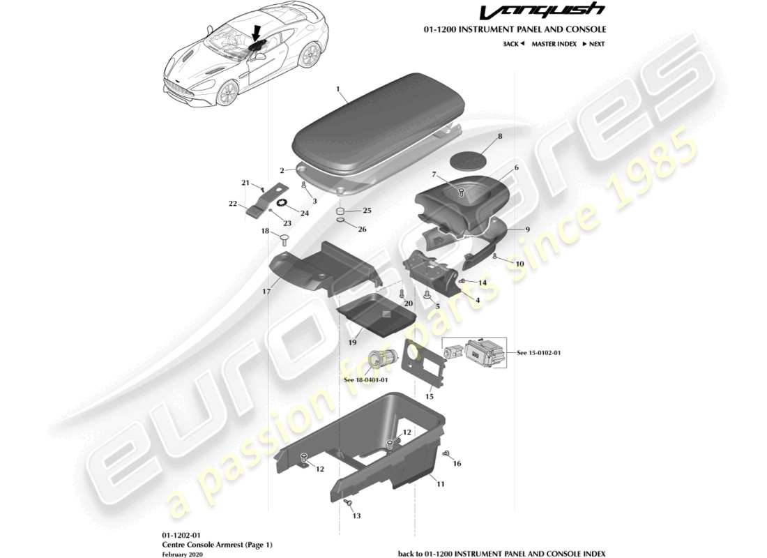 aston martin vanquish (2017) bracciolo della console centrale, pagina 1 diagramma delle parti