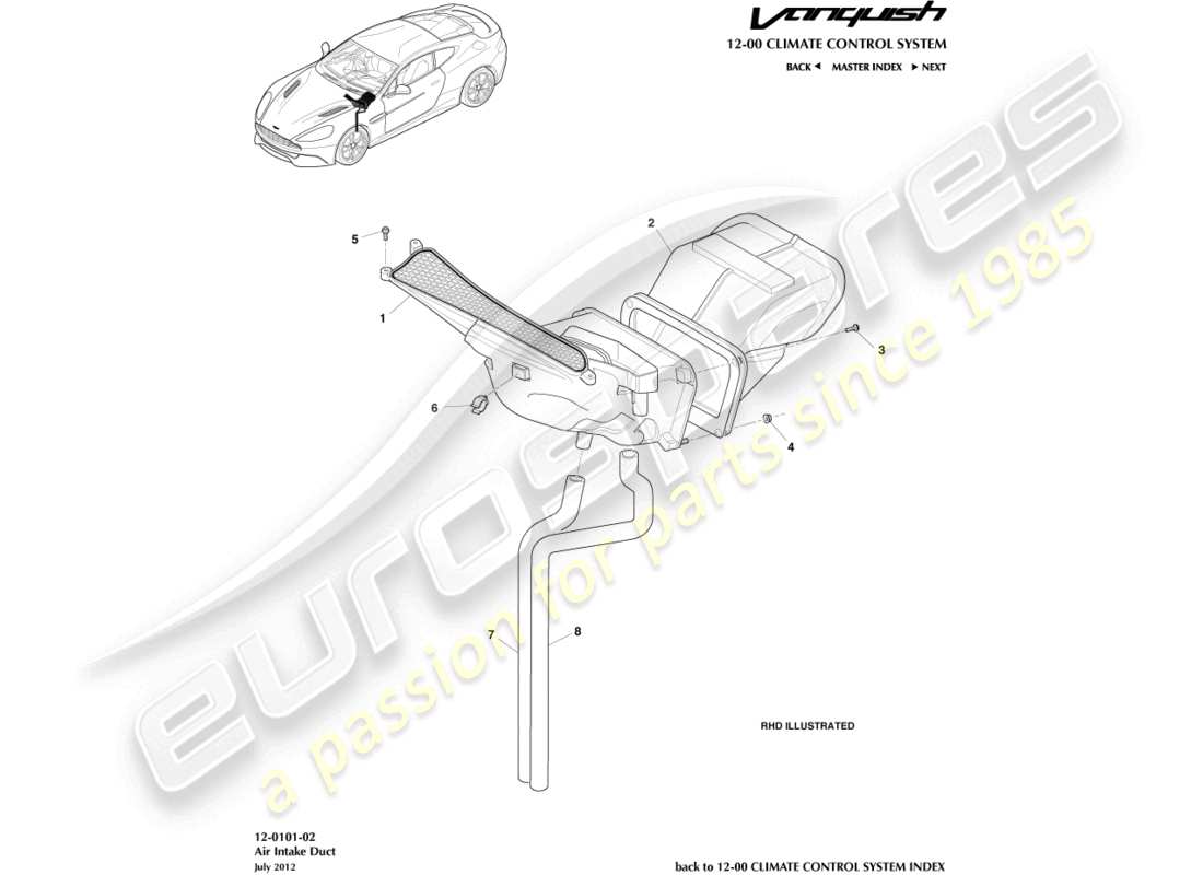 aston martin vanquish (2017) diagramma delle parti dei componenti della presa d'aria