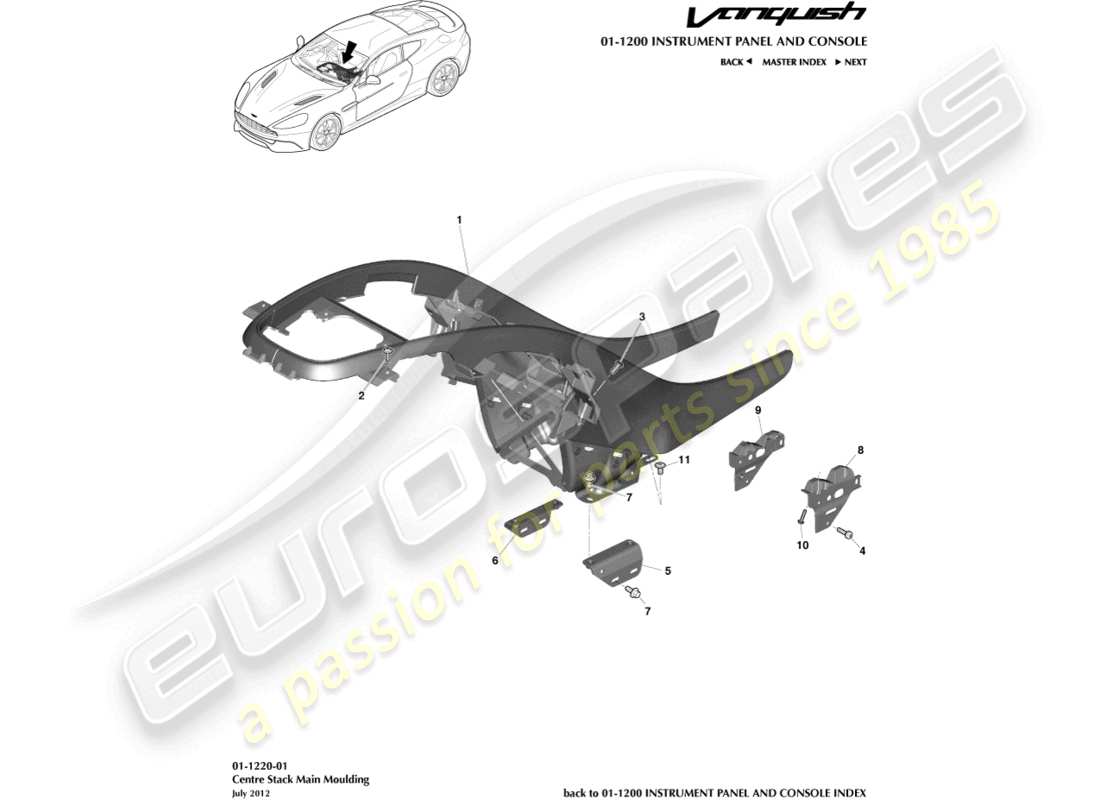 aston martin vanquish (2018) stampaggio della pila centrale diagramma delle parti