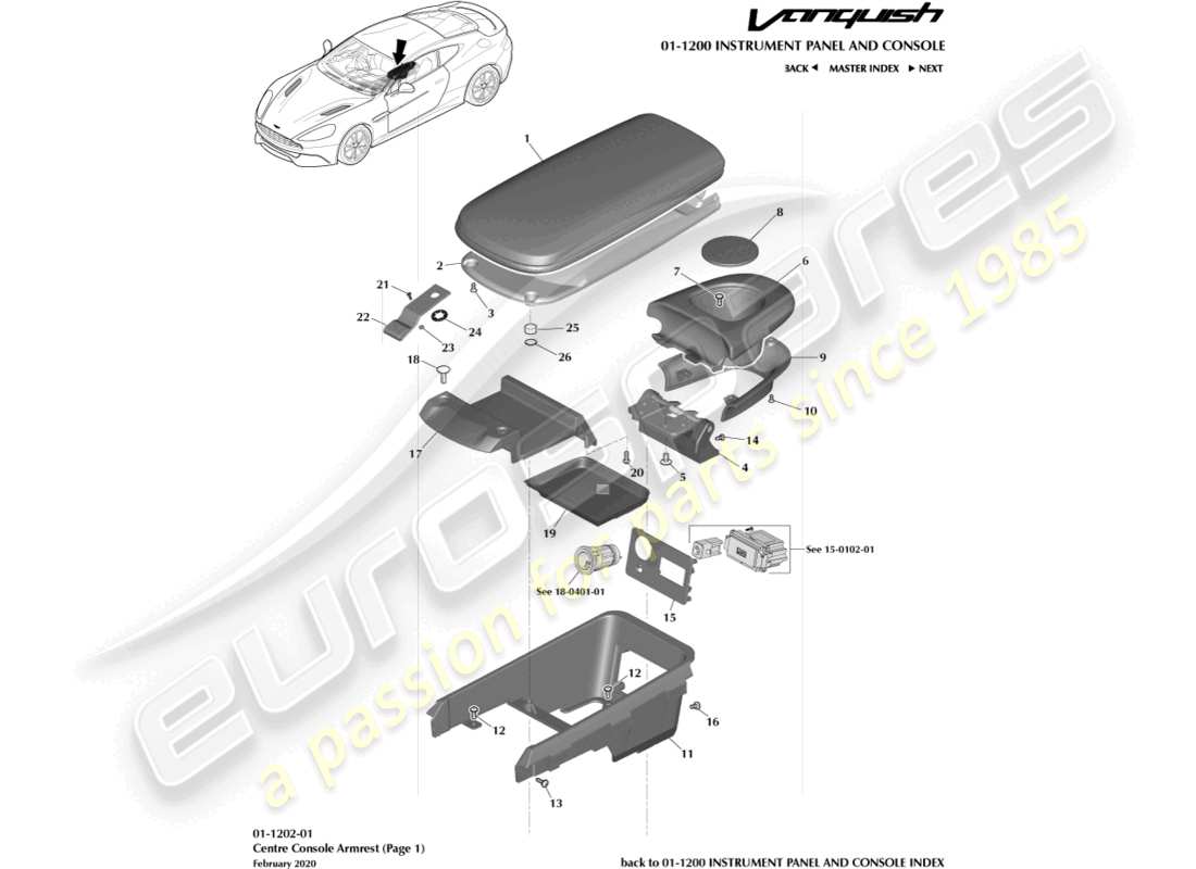 aston martin vanquish (2018) bracciolo della console centrale, pagina 1 diagramma delle parti