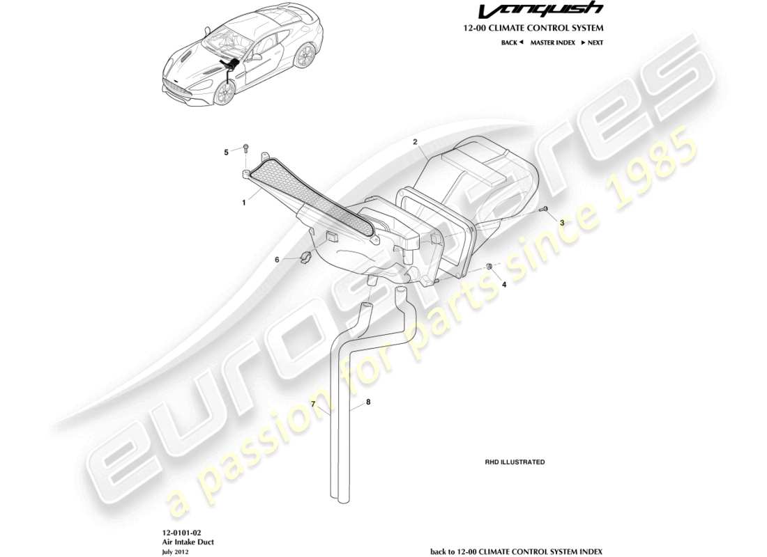 aston martin vanquish (2018) diagramma delle parti dei componenti della presa d'aria