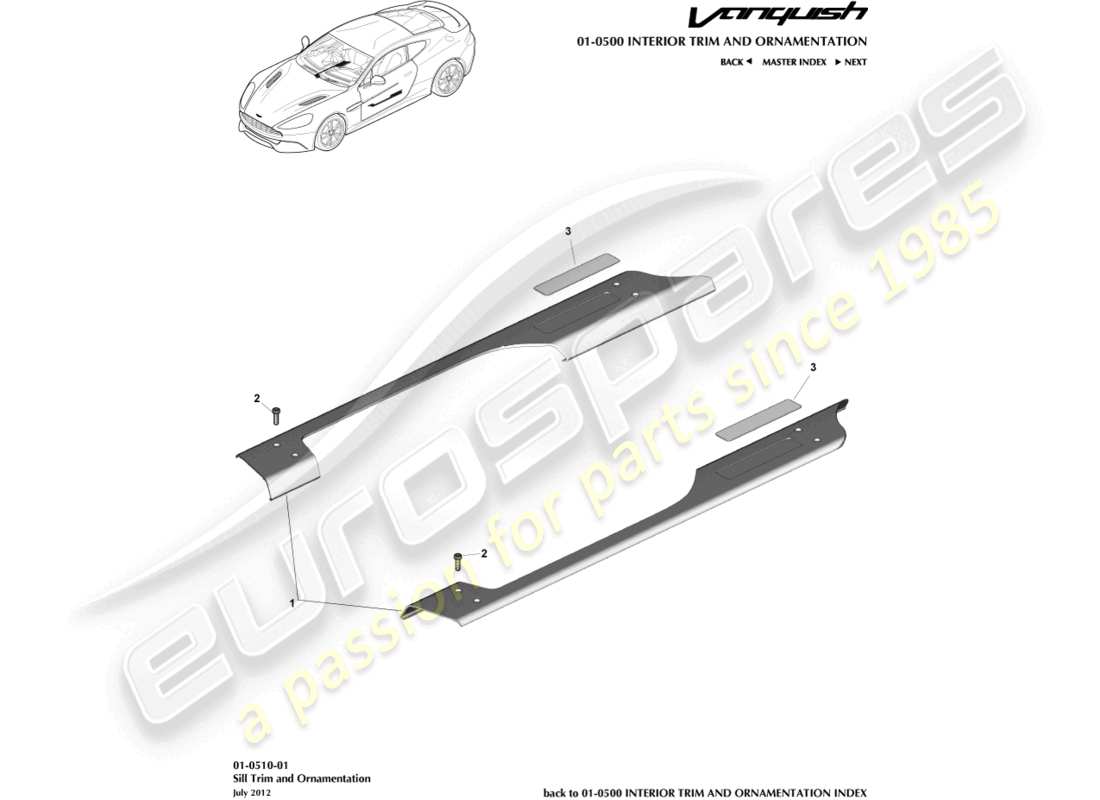 aston martin vanquish (2015) rifiniture e ornamenti del davanzale diagramma delle parti