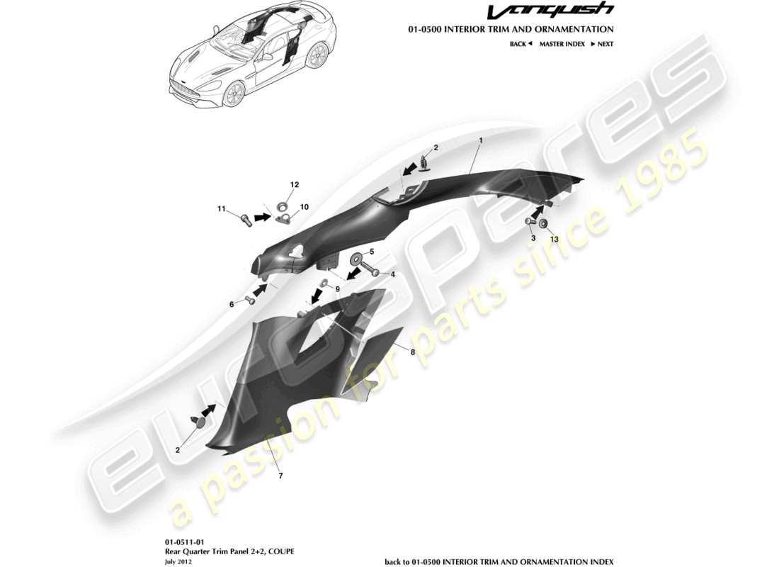 aston martin vanquish (2015) pannello di rivestimento del quarto posteriore 2+2 coupé diagramma delle parti