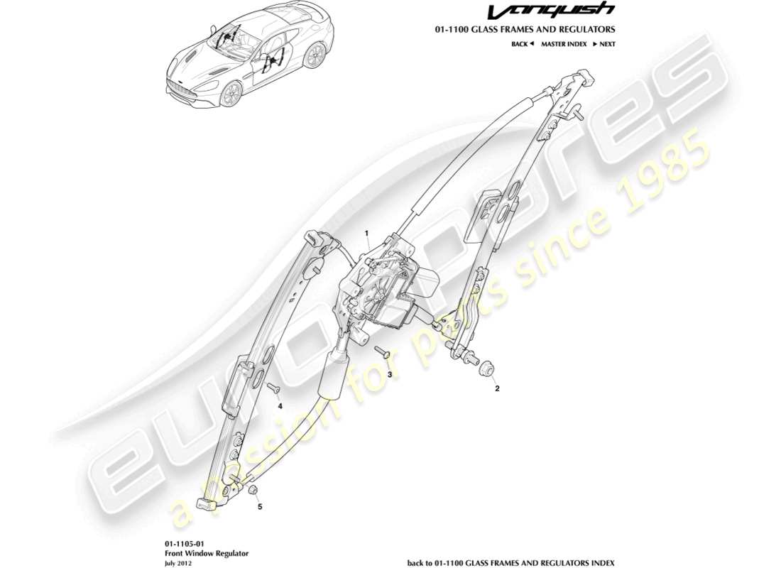aston martin vanquish (2015) schema delle parti del regolatore del finestrino anteriore