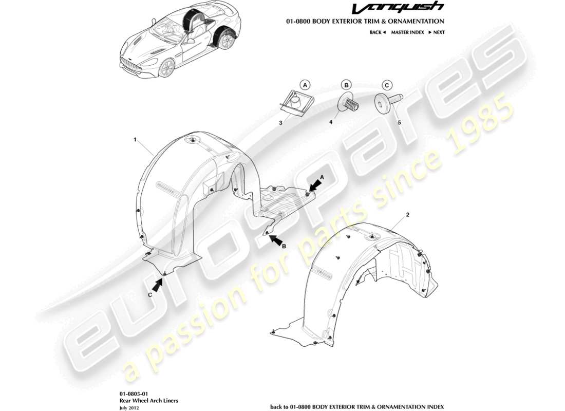 aston martin vanquish (2017) diagramma delle parti dei rivestimenti del passaruota posteriore