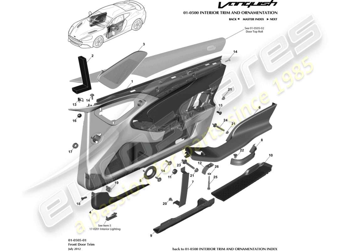 aston martin vanquish (2017) schema delle parti del pannello di rivestimento della porta anteriore