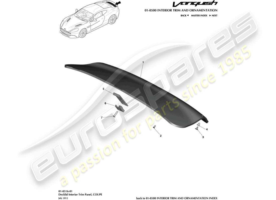 aston martin vanquish (2017) pannello di rivestimento del portellone posteriore, diagramma delle parti della coupé