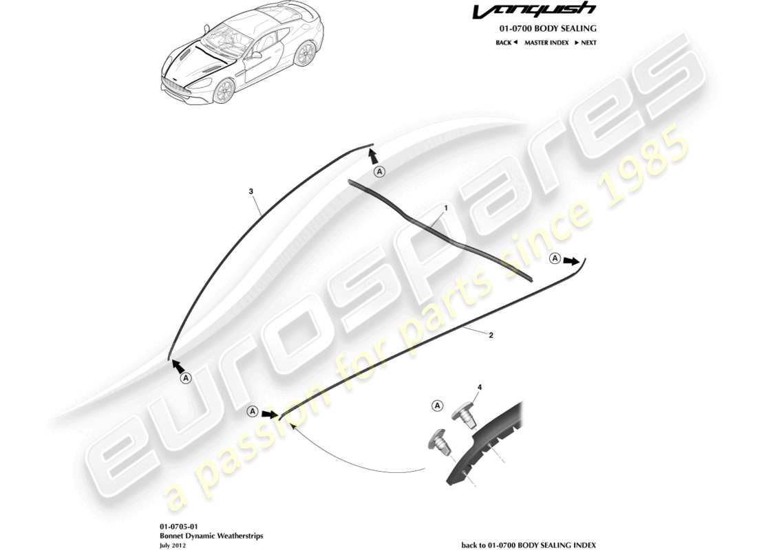 aston martin vanquish (2017) diagramma delle parti delle guarnizioni del cofano