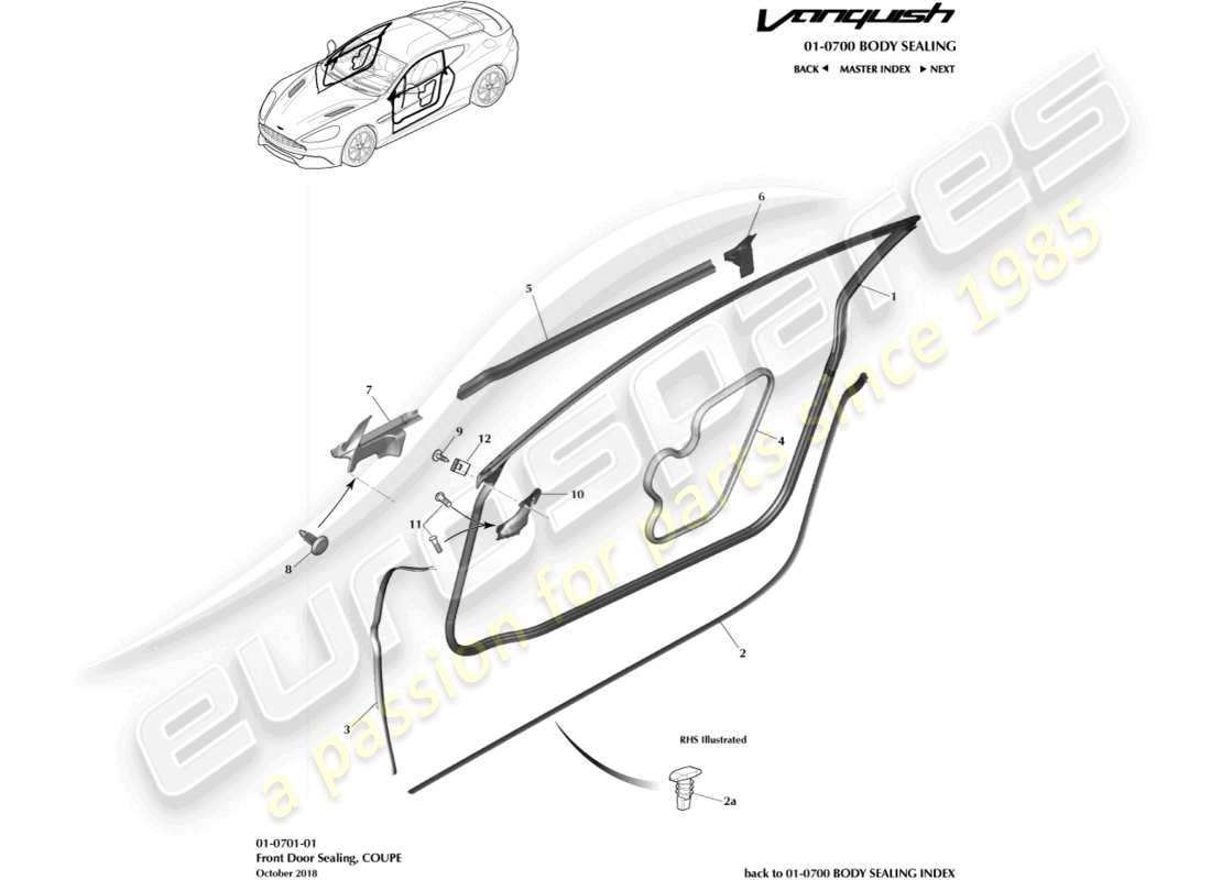 aston martin vanquish (2015) guarnizioni per portiere, coupé diagramma delle parti