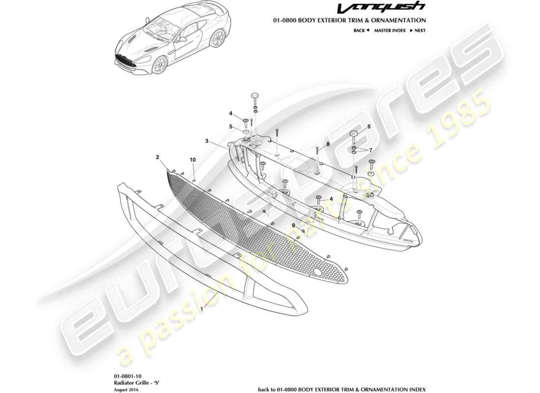 aston martin vanquish (2015) griglia del radiatore, schema delle parti s