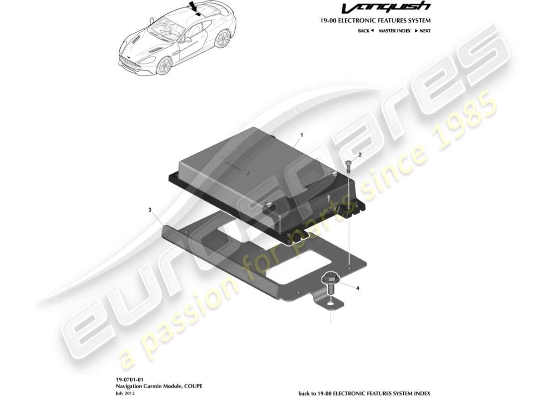 aston martin vanquish (2015) modulo di navigazione, diagramma delle parti del coupé