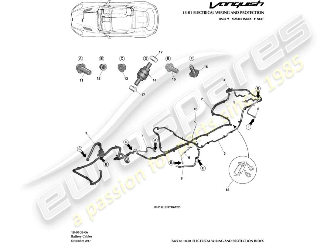 aston martin vanquish (2017) diagramma delle parti dei cavi della batteria