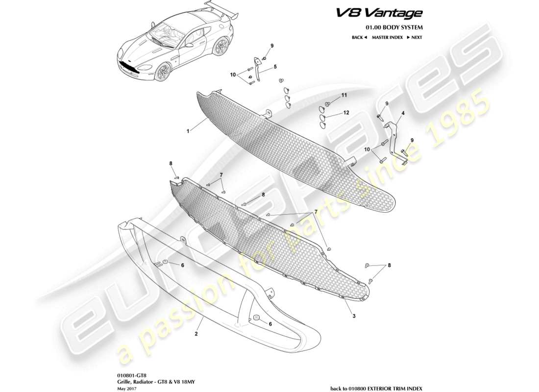 aston martin v8 vantage (2018) griglia del radiatore, diagramma delle parti gt8 e v8 18my