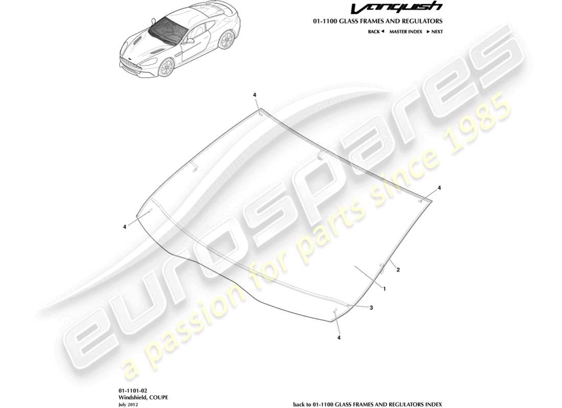 aston martin vanquish (2015) parabrezza, diagramma delle parti della coupé