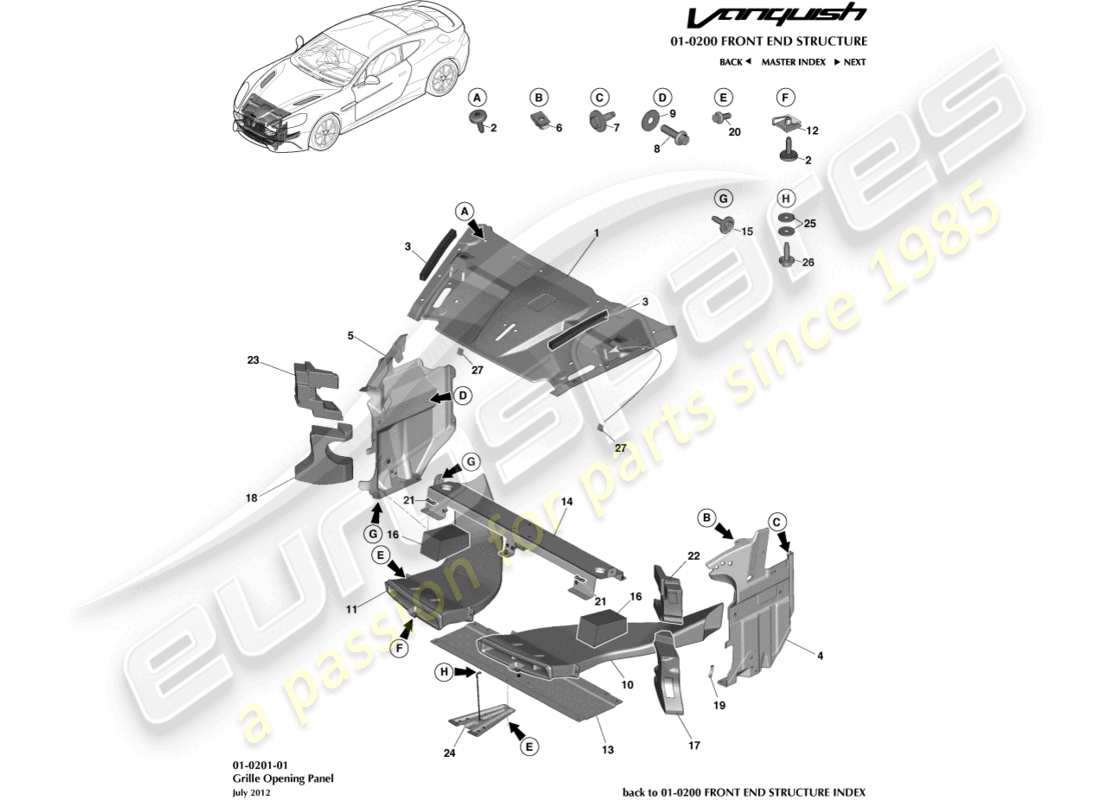 aston martin vanquish (2015) pannello di apertura della griglia diagramma delle parti