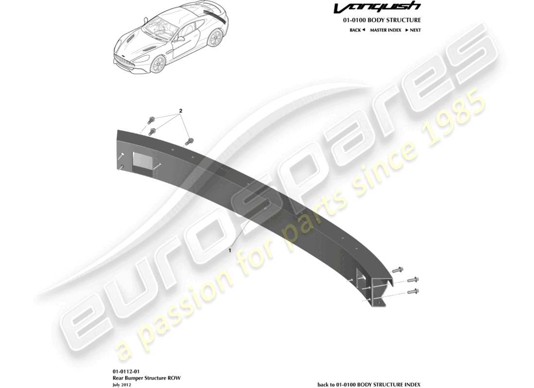 aston martin vanquish (2015) struttura del paraurti posteriore, row diagramma delle parti