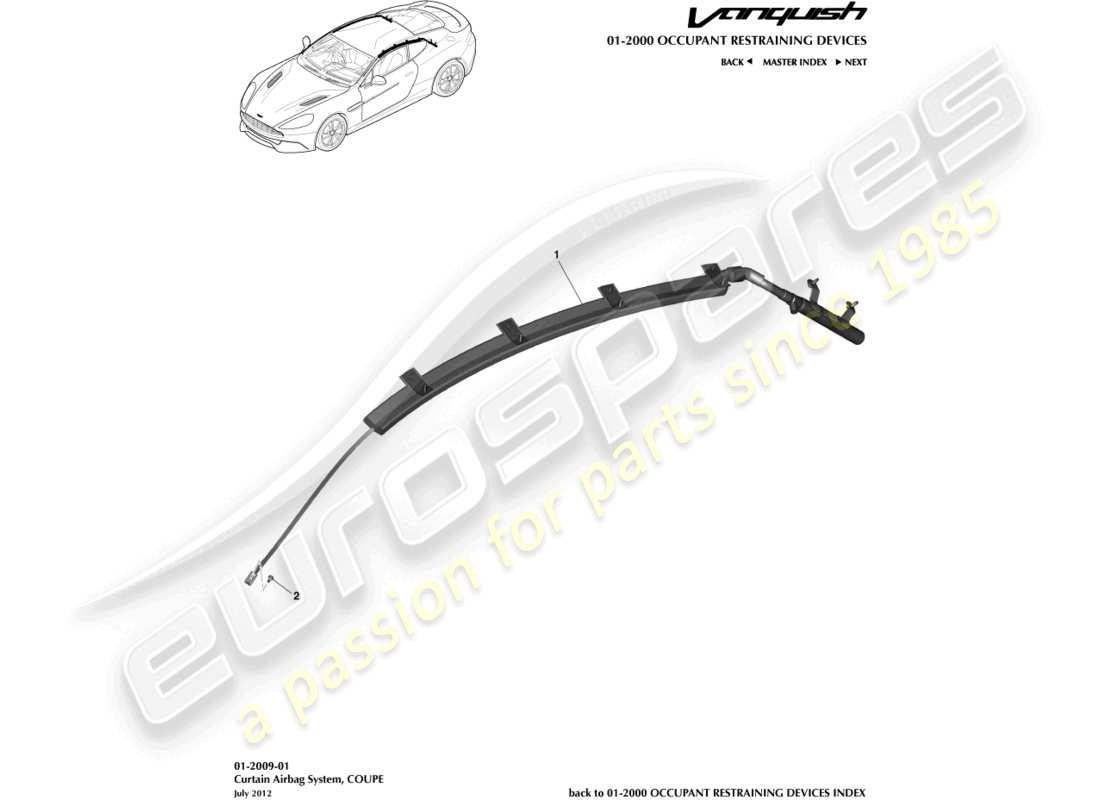 aston martin vanquish (2017) airbag a tendina, schema delle parti della coupé