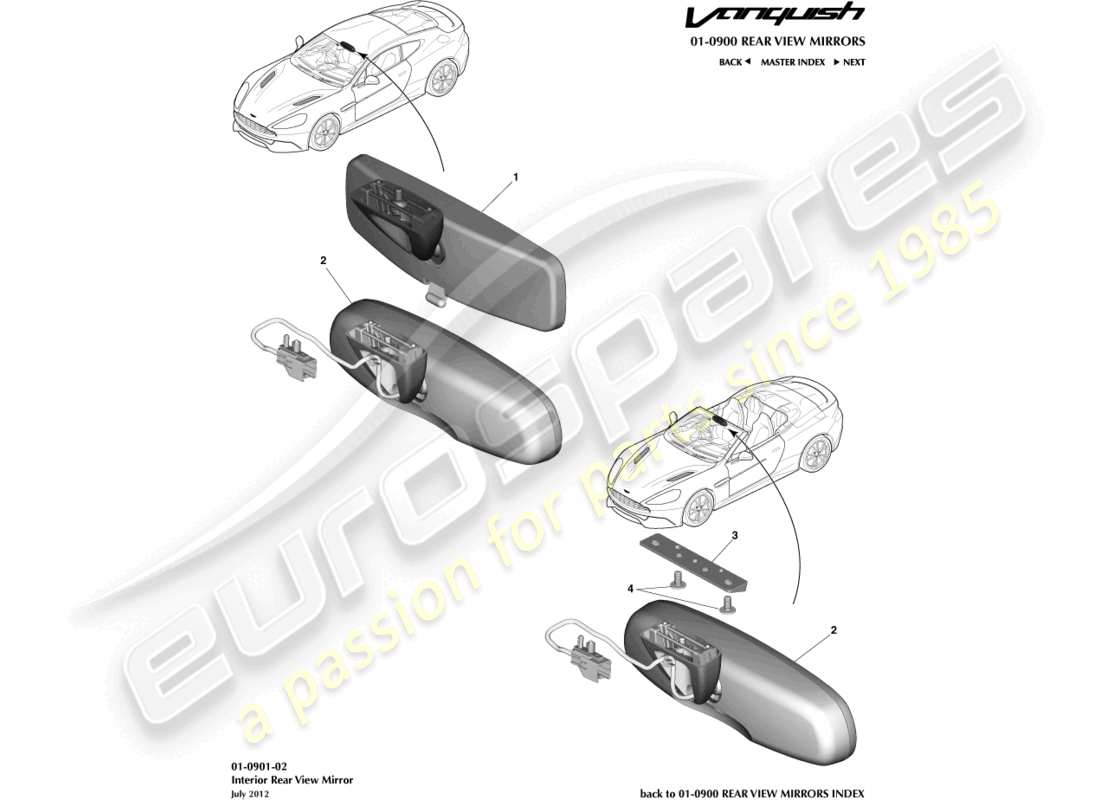 aston martin vanquish (2017) diagramma delle parti dello specchietto interno