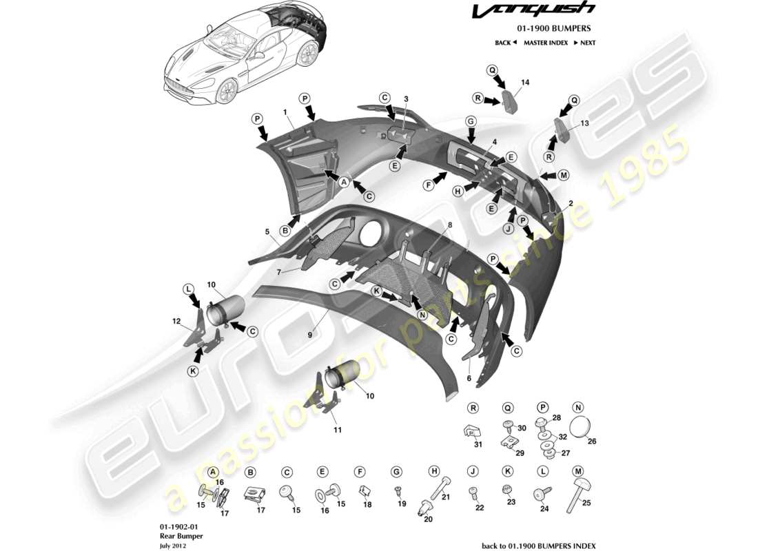 aston martin vanquish (2017) paraurti posteriore diagramma delle parti