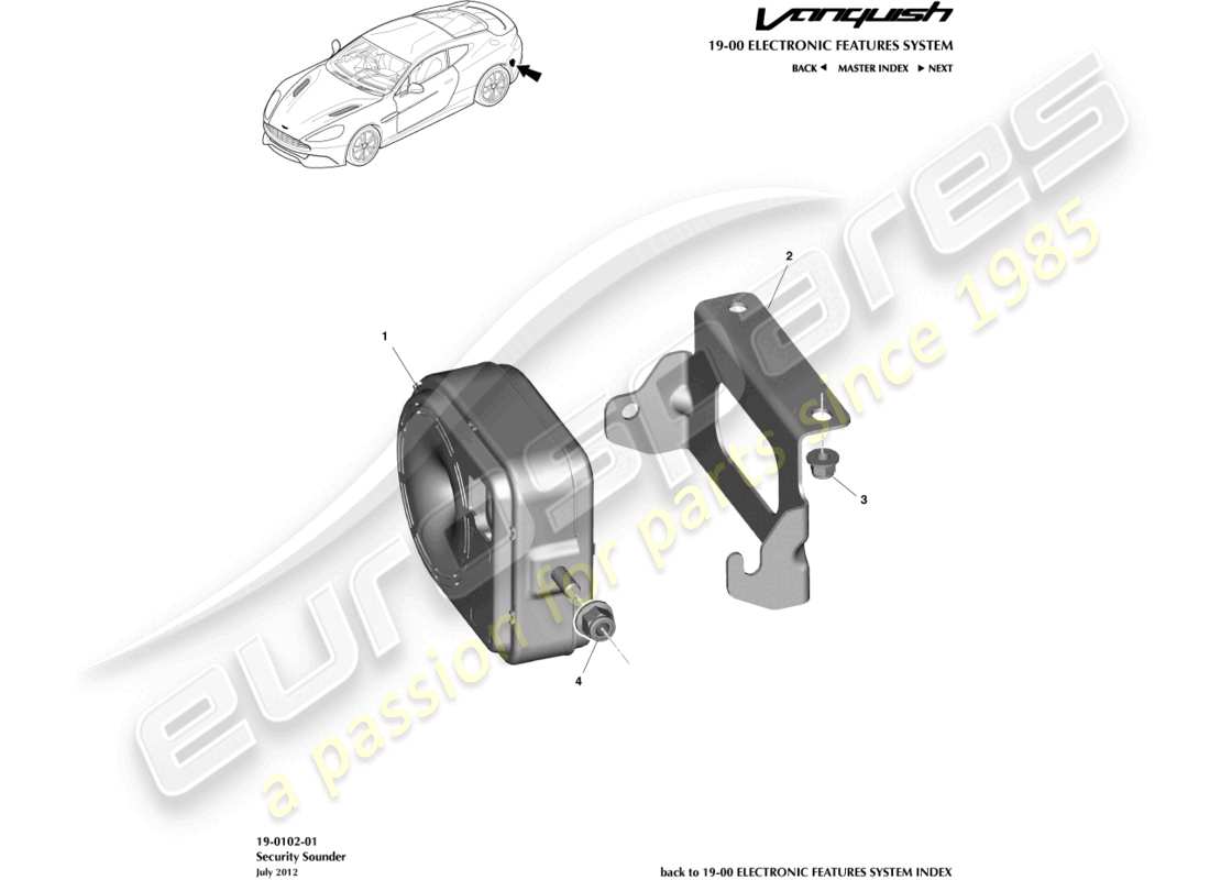 aston martin vanquish (2017) diagramma delle parti di avvisatori acustici e sirene