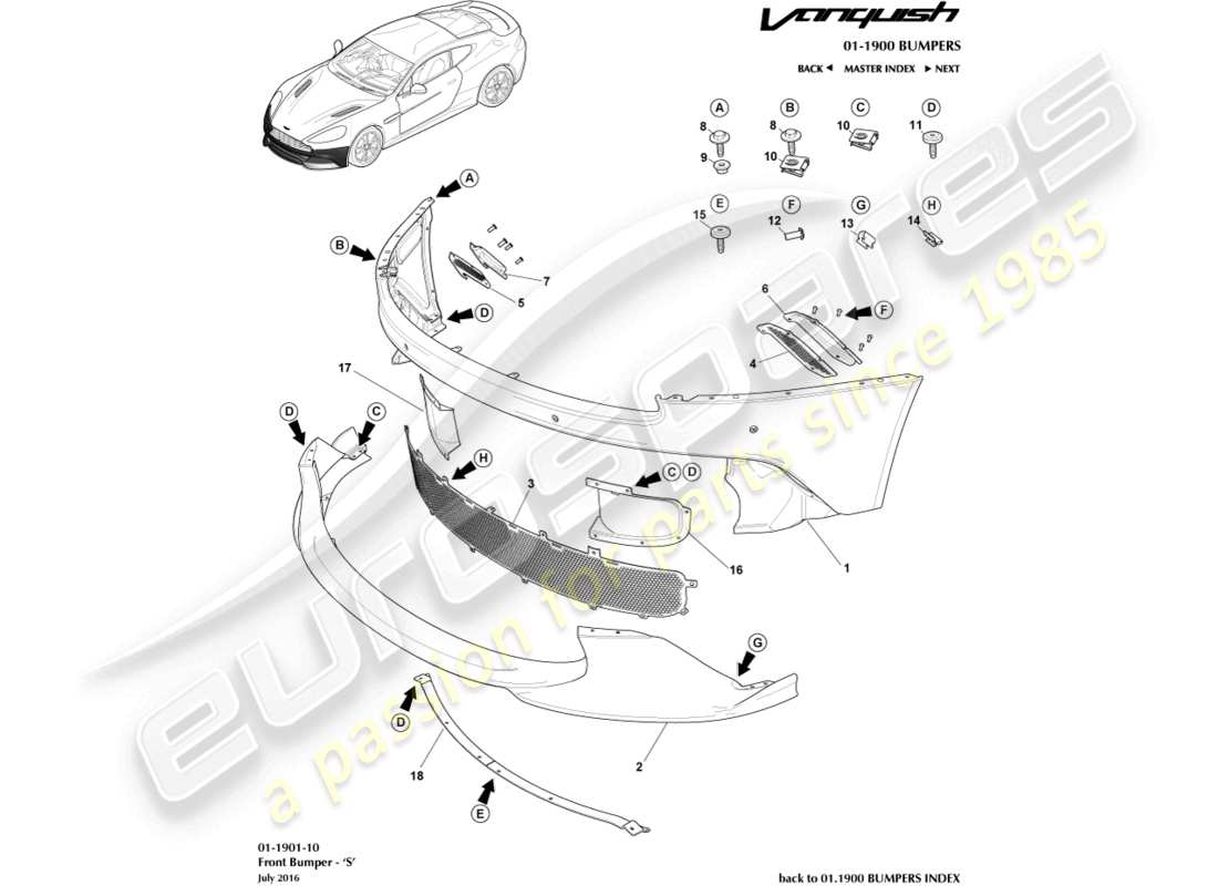 aston martin vanquish (2018) paraurti anteriore, diagramma delle parti s