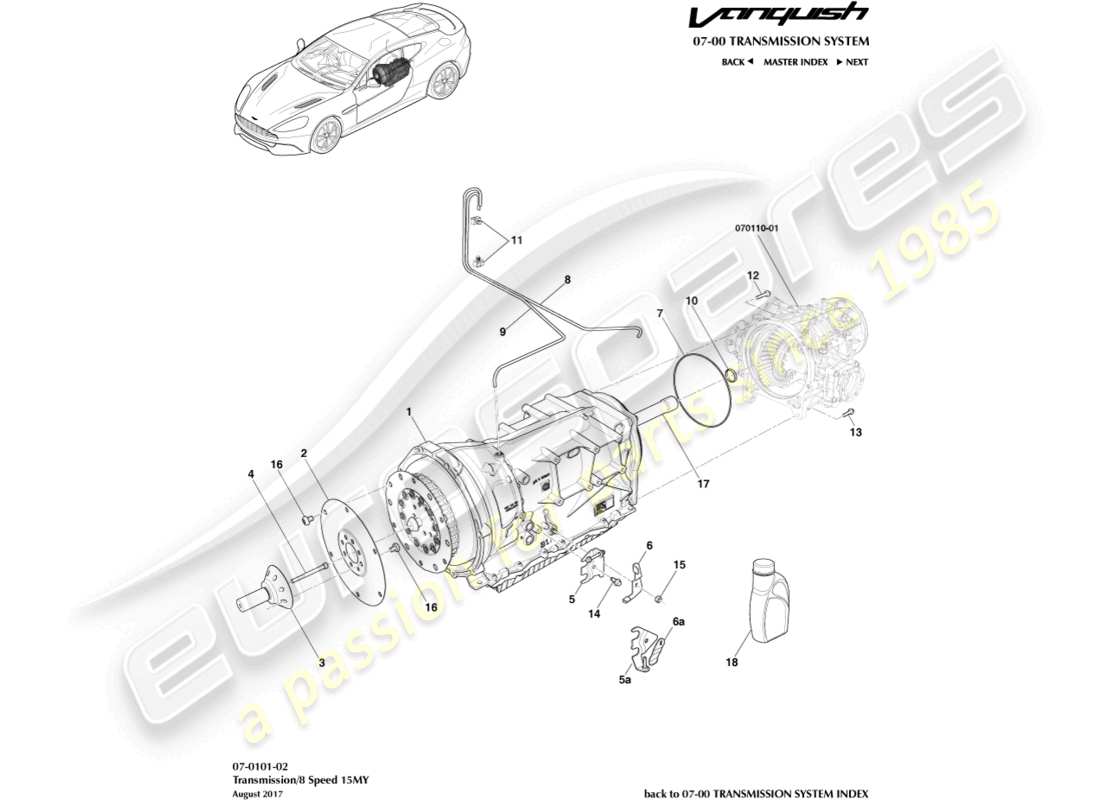 aston martin vanquish (2017) trasmissione, diagramma delle parti 8 spd