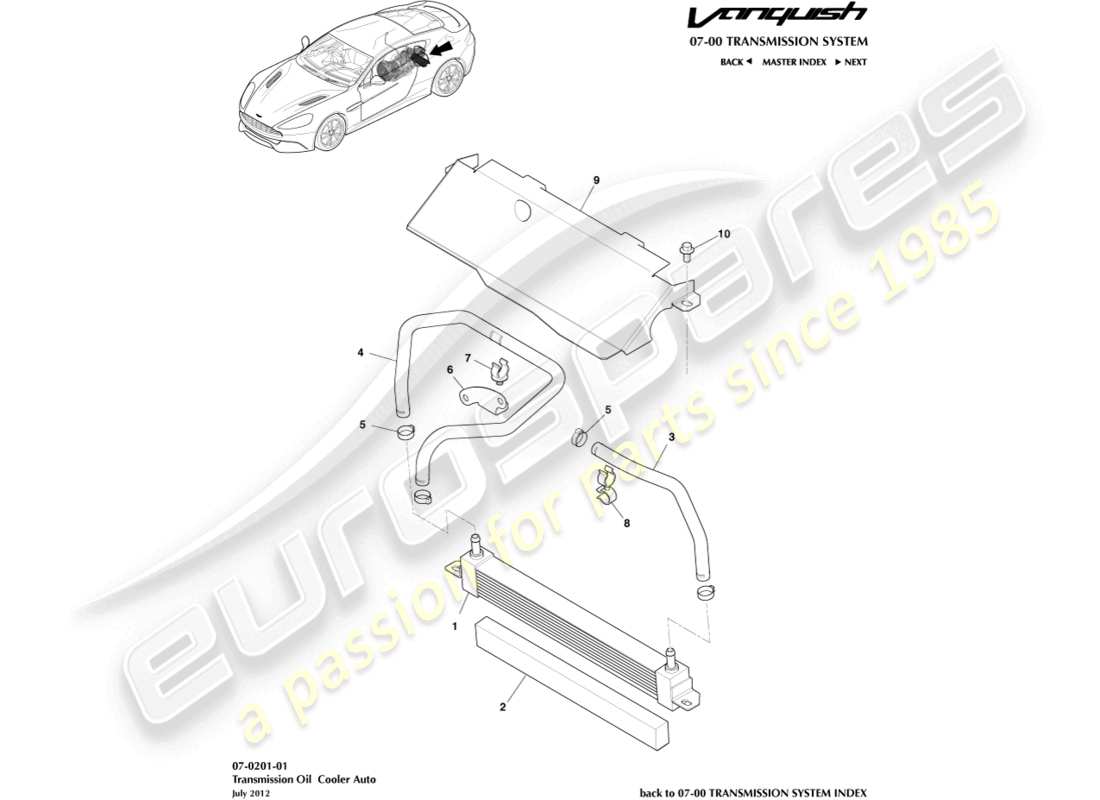 aston martin vanquish (2017) schema delle parti del radiatore dell'olio della trasmissione