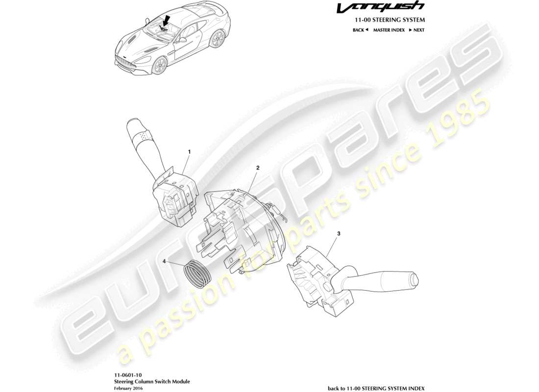 aston martin vanquish (2018) gruppo interruttore a colonna diagramma delle parti