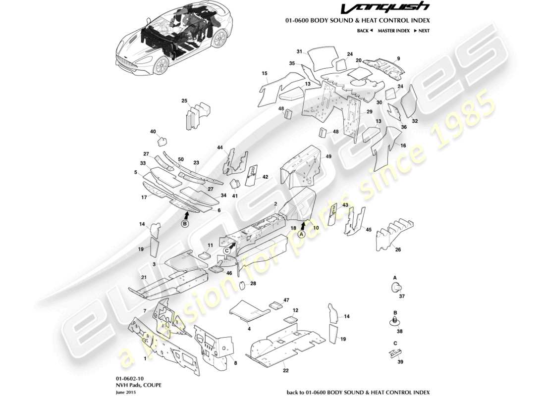 aston martin vanquish (2017) isolamento acustico, diagramma delle parti coupé