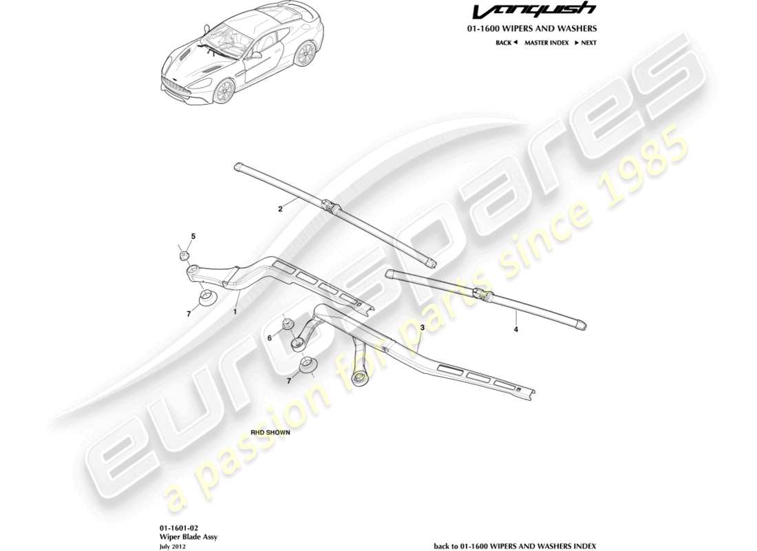 aston martin vanquish (2017) schema delle parti del gruppo spazzola tergicristallo