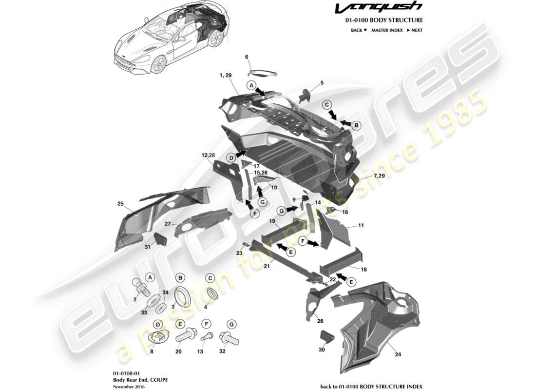 aston martin vanquish (2018) parte posteriore della carrozzeria, coupé diagramma delle parti