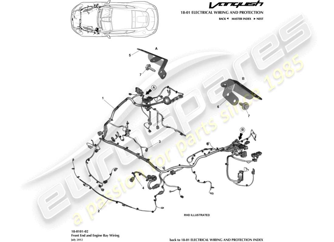 aston martin vanquish (2017) diagramma delle parti del cablaggio del vano motore e anteriore