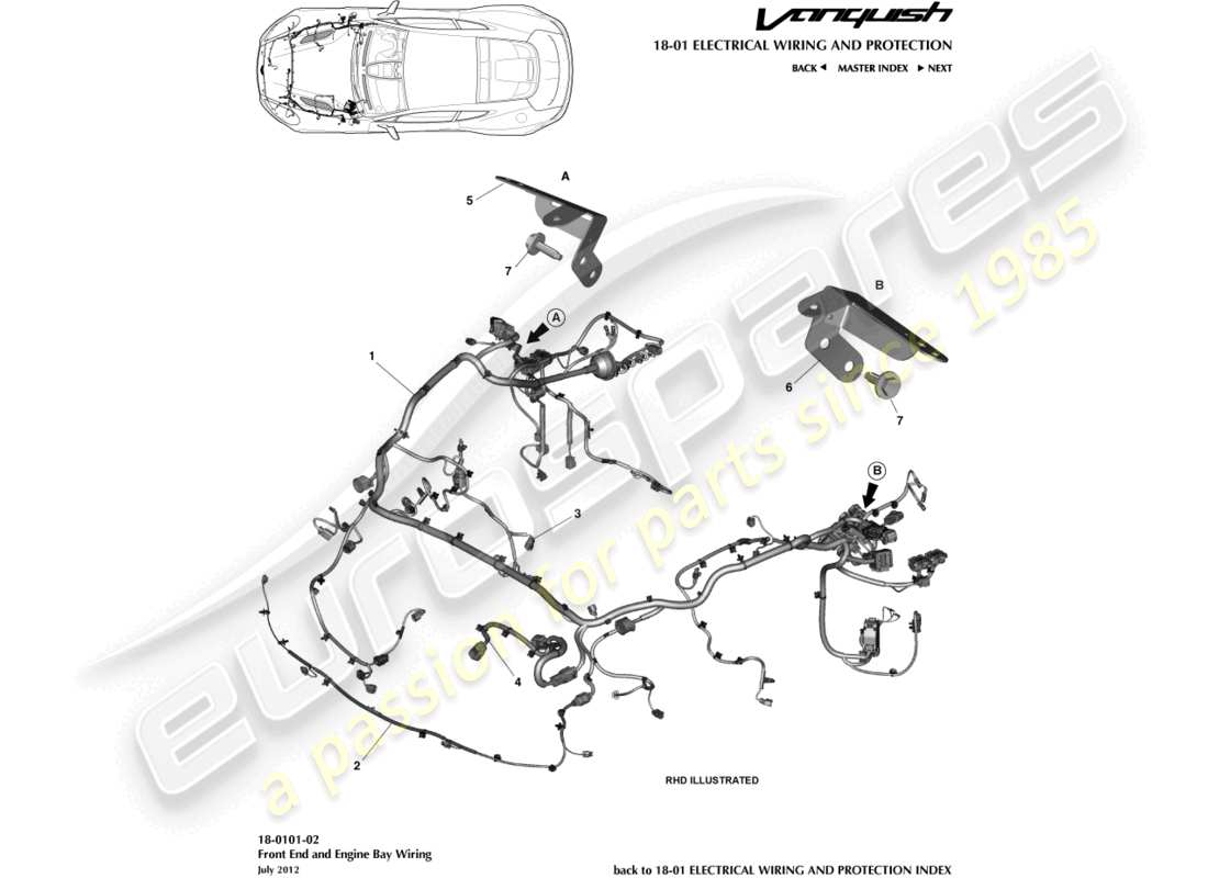aston martin vanquish (2017) cablaggio anteriore e vano motore diagramma delle parti