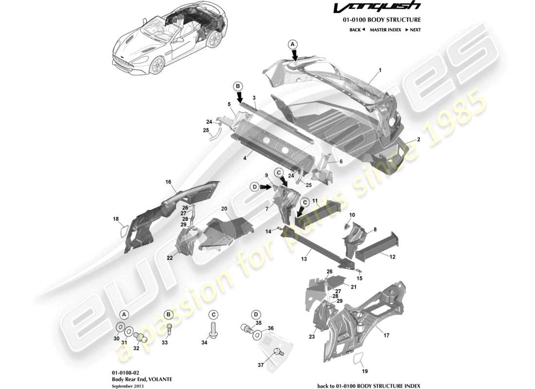 aston martin vanquish (2017) estremità posteriore del corpo, diagramma delle parti volante