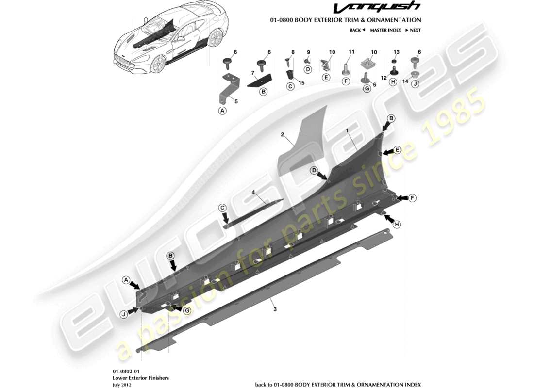 aston martin vanquish (2017) diagramma delle parti delle finiture esterne inferiori