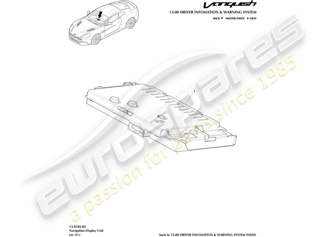 aston martin vanquish (2017) diagramma delle parti del display del navigatore satellitare