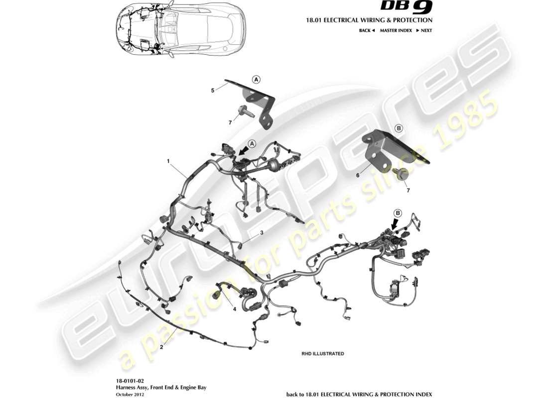 aston martin db9 (2014) diagramma delle parti del cablaggio del vano motore e anteriore
