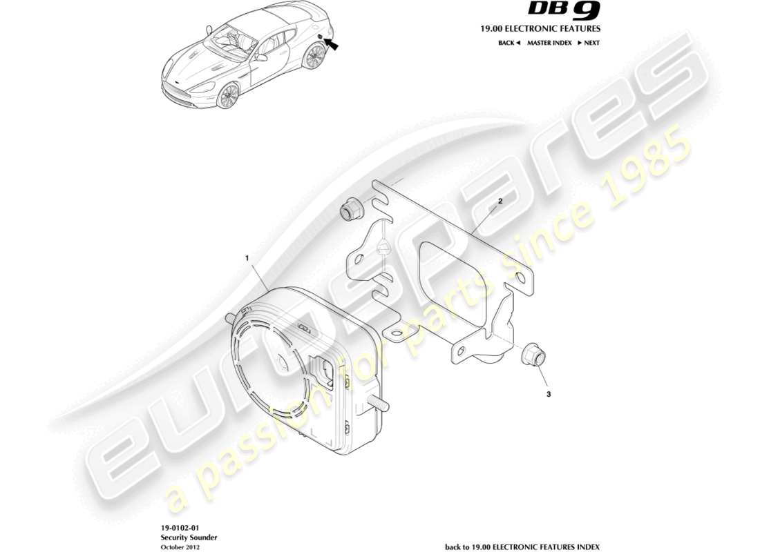 aston martin db9 (2014) diagramma delle parti di avvisatori acustici e sirene