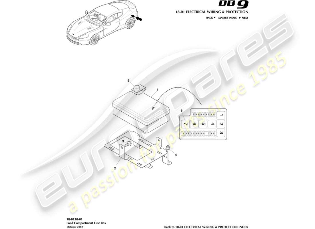 aston martin db9 (2016) diagramma delle parti della scatola fusibili del vano di carico