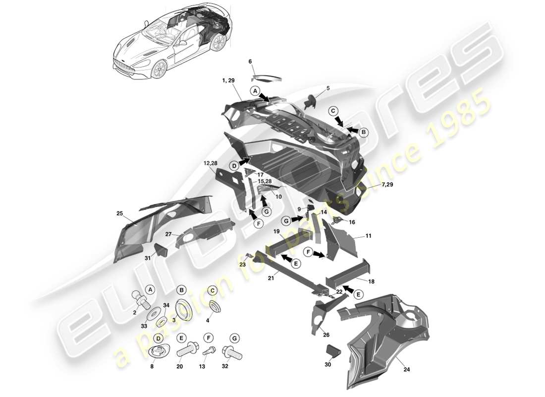 aston martin vanquish (2014) parte posteriore della carrozzeria, coupé diagramma delle parti