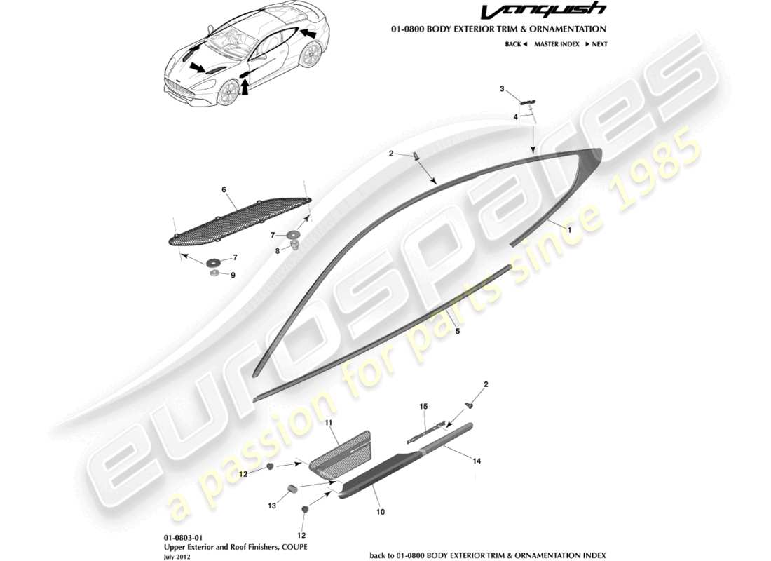 aston martin vanquish (2017) finiture esterne superiori, diagramma delle parti coupé