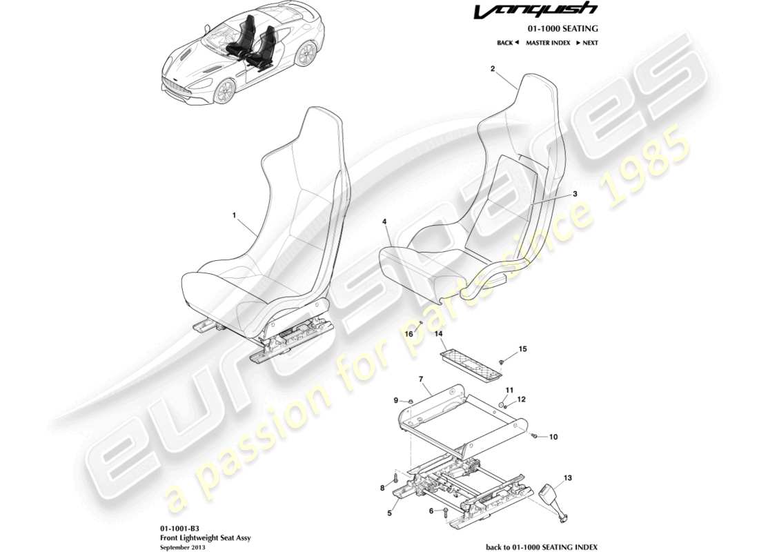 aston martin vanquish (2017) sedili anteriori leggeri diagramma delle parti